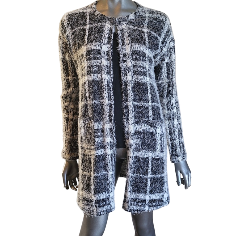 Joseph Ribkoff Plaid Open-Front Women's Sweater - Black and White - Size 10 37B
